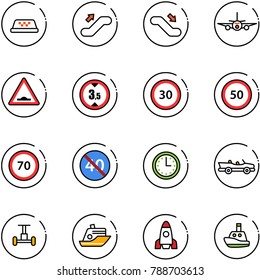 line vector icon set - taxi vector, escalator up, down, plane, artificial unevenness road sign, limited height, speed limit 30, 50, 70, end minimal, time, cabrio, gyroscope, cruiser, rocket