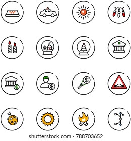 line vector icon set - taxi vector, safety car, sun, garland, candle, snowball house, tree, bank, account, money torch, drawbridge road sign, moon flag, fire, bezier