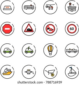 line vector icon set - taxi vector, airport bus, helicopter, building, no way road sign, climb, horn, speed limit 60, car, electric, air balloon, cabrio, cruiser, jack, wheelbarrow, sailboat toy