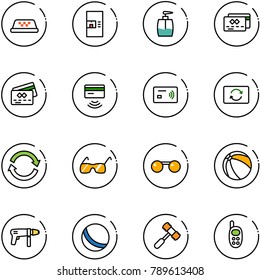 line vector icon set - taxi vector, coffee machine, liquid soap, credit card, tap pay, exchange, refresh, sunglasses, ball, drill, toy hammer, phone