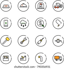 line vector icon set - taxi vector, client bell, officer window, fork loader, mobile payment, money rain, click, fretsaw, rubber hammer, wrench, screwdriver, jack, tool box, stapler, allen key