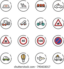 line vector icon set - taxi vector, arrival, waiting area, safety car, fork loader, trap truck, bike, railway intersection road sign, speed limit 40, 100, no parking, air balloon, plane, baggage