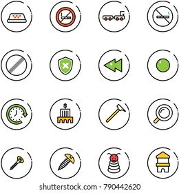 line vector icon set - taxi vector, no smoking sign, baggage truck, limit road, shield cross, fast backward, record, clock around, bank building, mason hammer, magnifier, screw, pyramid toy