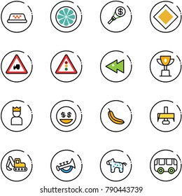 line vector icon set - taxi vector, lemon slice, money torch, main road sign, tractor way, traffic light, fast backward, win cup, king, smile, banana, milling cutter, excavator toy, horn, horse, bus