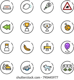 line vector icon set - taxi vector, lemon, money torch, tractor way road sign, fast backward, win cup, gold, moon flag, king, banana, milling cutter, balloon smile, excavator toy, horn, horse, bus