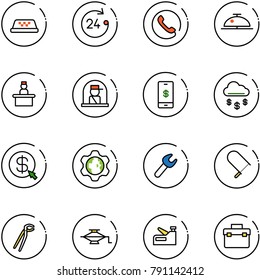 line vector icon set - taxi vector, 24 hours, phone, client bell, recieptionist, officer window, mobile payment, money rain, click, gear globe, wrench, fretsaw, plumber, jack, stapler, tool box