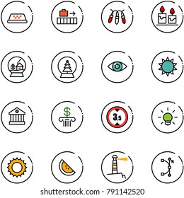 line vector icon set - taxi vector, baggage, garland, candle, snowball house, tree, eye, sun, bank, limited height road sign, bulb, watermelone, lighthouse, bezier
