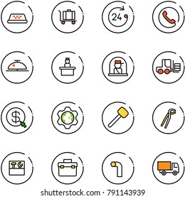 line vector icon set - taxi vector, baggage, 24 hours, phone, client bell, recieptionist, officer window, fork loader, money click, gear globe, rubber hammer, plumber, tool box, allen key, truck toy