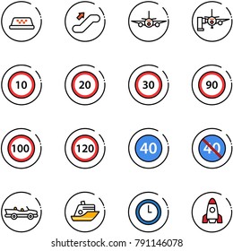 line vector icon set - taxi vector, escalator up, plane, boarding passengers, speed limit 10 road sign, 20, 30, 90, 100, 120, minimal, end, cabrio, cruiser, clock, rocket