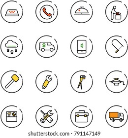 line vector icon set - taxi vector, phone, client bell, baby room, money rain, encashment car, mobile payment, fretsaw, rubber hammer, wrench, plumber, jack, tool box, screwdriver, truck toy