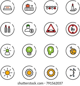 line vector icon set - taxi vector, baggage, garland, candle, account, drawbridge road sign, limited height, idea, head bulb, moon flag, sun, bezier