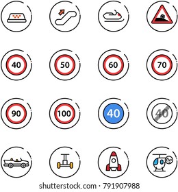 line vector icon set - taxi vector, escalator up, snowmobile, steep roadside road sign, speed limit 40, 50, 60, 70, 90, 100, minimal, end, cabrio, gyroscope, rocket, helicopter toy