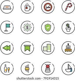 line vector icon set - taxi vector, tea, no smoking sign, lollipop, flag, dollar sun, shield check, flower pot, fast backward, building, bank, wine, allen key set, pyramid toy, sailboat