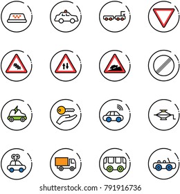 line vector icon set - taxi vector, safety car, baggage truck, giving way road sign, multi lane traffic, oncoming, climb, no limit, electric, key hand, wireless, jack, toy, bus