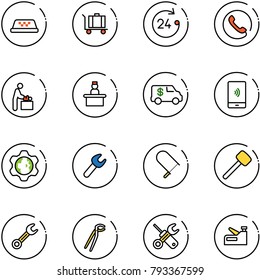 line vector icon set - taxi vector, baggage, 24 hours, phone, baby room, recieptionist, encashment car, mobile payment, gear globe, wrench, fretsaw, rubber hammer, plumber, screwdriver, stapler
