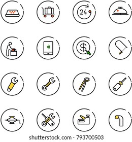 line vector icon set - taxi vector, baggage, 24 hours, client bell, baby room, mobile payment, money click, fretsaw, wrench, plumber, screwdriver, jack, stapler, allen key
