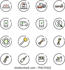 line vector icon set - taxi vector, officer window, fork loader, baggage truck, mobile payment, encashment car, money click, gear globe, rubber hammer, wrench, plumber, screwdriver, tool box