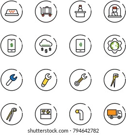 line vector icon set - taxi vector, baggage, recieptionist, officer window, mobile payment, money rain, gear globe, wrench, plumber, tool box, allen key, truck toy