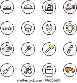line vector icon set - taxi vector, client bell, officer window, fork loader, baggage truck, money rain, dollar pin, gear globe, open, wrench, rubber hammer, plumber, screwdriver, tool box, toy
