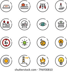 line vector icon set - taxi vector, baggage, garland, candle, snowball house, eye, bank, limited height road sign, bulb, moon flag, business idea, sun, lighthouse, fire