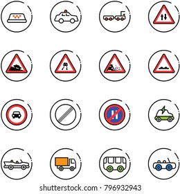line vector icon set - taxi vector, safety car, baggage truck, oncoming traffic road sign, steep descent, slippery, gravel, rough, no, limit, parking even, electric, cabrio, toy, bus