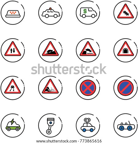 line vector icon set - taxi vector, safety car, encashment, multi lane traffic road sign, oncoming, climb, embankment, tunnel, slippery, gravel, no stop, parking, electric, piston, toy