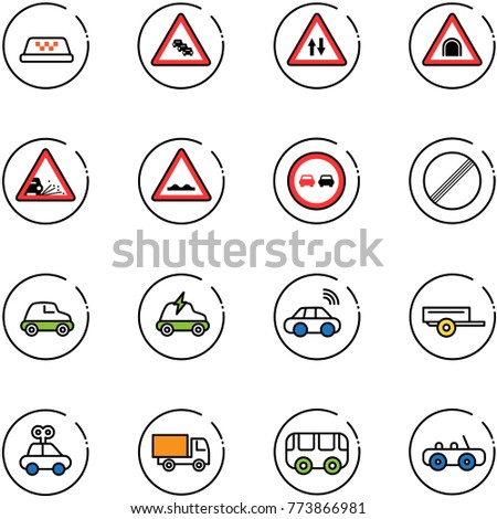line vector icon set - taxi vector, multi lane traffic road sign, oncoming, tunnel, gravel, rough, no overtake, limit, car, electric, wireless, trailer, toy, truck, bus