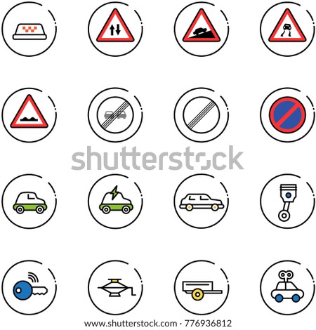 line vector icon set - taxi vector, oncoming traffic road sign, climb, slippery, rough, end overtake limit, no, parking, car, electric, limousine, piston, wireless key, jack, trailer, toy