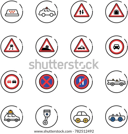 line vector icon set - taxi vector, safety car, oncoming traffic road sign, tunnel, slippery, steep roadside, crash, no, overtake, stop, parking even, cabrio, baggage, piston, toy