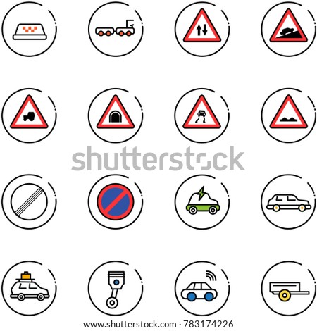 line vector icon set - taxi vector, baggage truck, oncoming traffic road sign, climb, tractor way, tunnel, slippery, rough, no limit, parking, electric car, limousine, piston, wireless, trailer