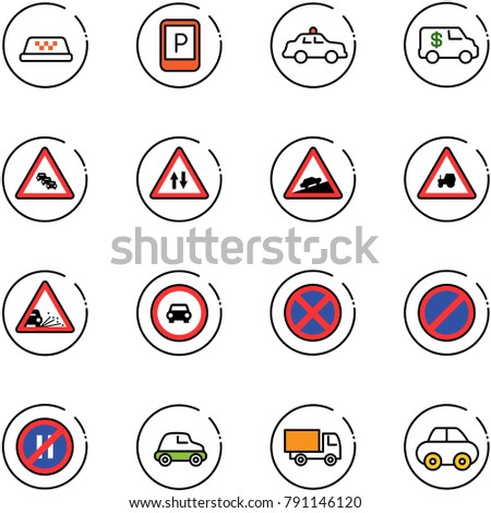 line vector icon set - taxi vector, parking sign, safety car, encashment, multi lane traffic road, oncoming, climb, tractor way, gravel, no, stop, even, truck toy