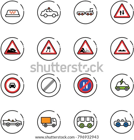 line vector icon set - taxi vector, safety car, baggage truck, oncoming traffic road sign, steep descent, slippery, gravel, rough, no, limit, parking even, electric, cabrio, toy, bus