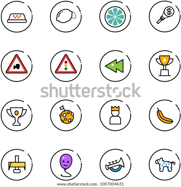 line vector icon set - taxi vector, lemon, slice,\
money torch, tractor way road sign, traffic light, fast backward,\
win cup, gold, moon flag, king, banana, milling cutter, balloon\
smile, horn toy