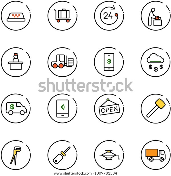 line vector icon set - taxi vector, baggage, 24
hours, baby room, recieptionist, fork loader, mobile payment, money
rain, encashment car, open, rubber hammer, plumber, screwdriver,
jack, truck toy