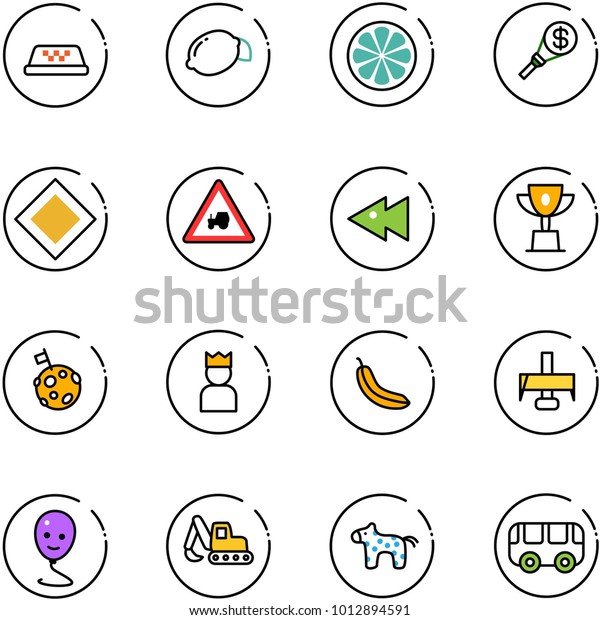 line vector icon set - taxi vector, lemon, slice,\
money torch, main road sign, tractor way, fast backward, win cup,\
moon flag, king, banana, milling cutter, balloon smile, excavator\
toy, horse, bus