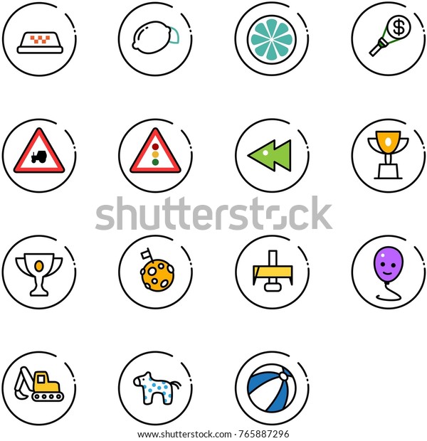 line vector icon set - taxi vector, lemon, slice,\
money torch, tractor way road sign, traffic light, fast backward,\
win cup, gold, moon flag, milling cutter, balloon smile, excavator\
toy, horse