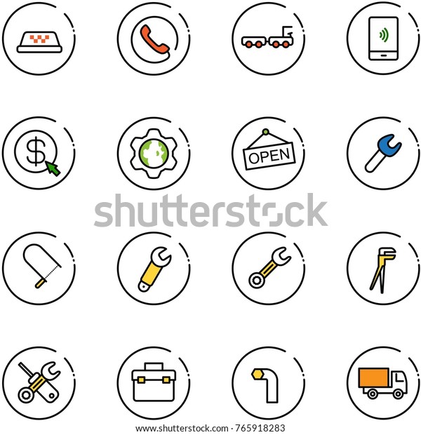 line vector icon\
set - taxi vector, phone, baggage truck, mobile payment, money\
click, gear globe, open, wrench, fretsaw, plumber, screwdriver,\
tool box, allen key, toy
