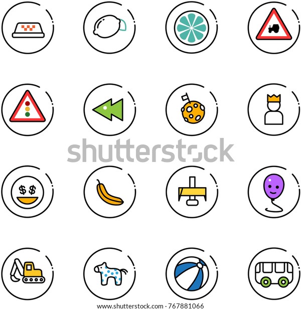 line vector icon set - taxi vector, lemon, slice,\
tractor way road sign, traffic light, fast backward, moon flag,\
king, money smile, banana, milling cutter, balloon, excavator toy,\
horse, beach ball