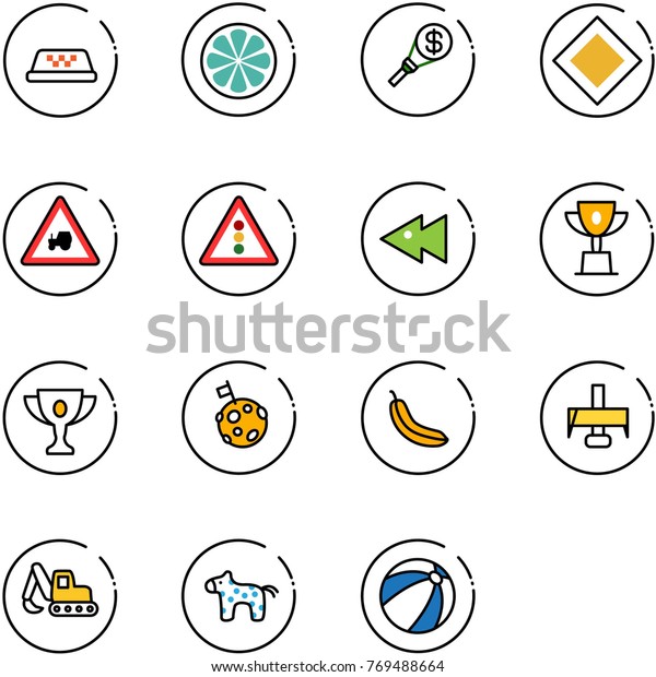line vector icon set - taxi vector, lemon slice,\
money torch, main road sign, tractor way, traffic light, fast\
backward, win cup, gold, moon flag, banana, milling cutter,\
excavator toy, horse