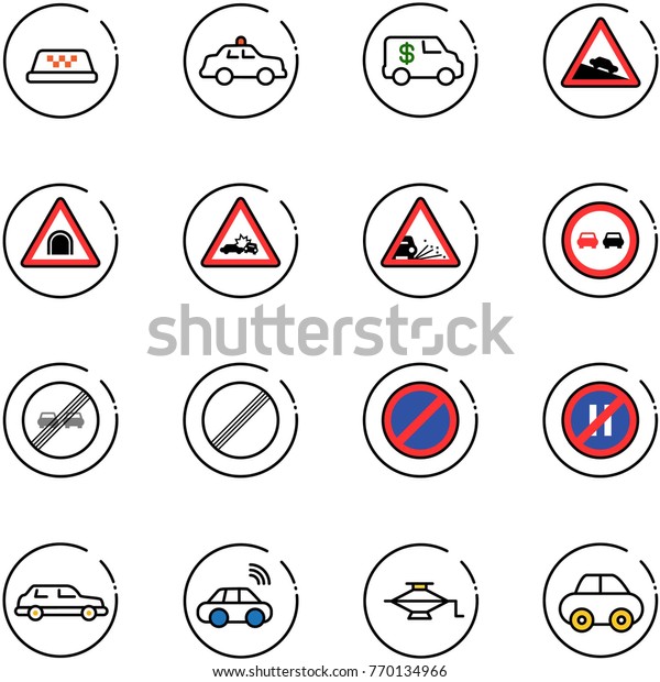 line vector icon\
set - taxi vector, safety car, encashment, steep descent road sign,\
tunnel, crash, gravel, no overtake, end limit, parking, even,\
limousine, wireless, jack
