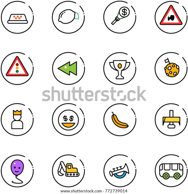 line vector icon set - taxi vector, lemon, money\
torch, tractor way road sign, traffic light, fast backward, gold\
cup, moon flag, king, smile, banana, milling cutter, balloon,\
excavator toy, horn