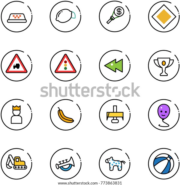 line vector icon set - taxi vector, lemon, money\
torch, main road sign, tractor way, traffic light, fast backward,\
gold cup, king, banana, milling cutter, balloon smile, excavator\
toy, horn, horse