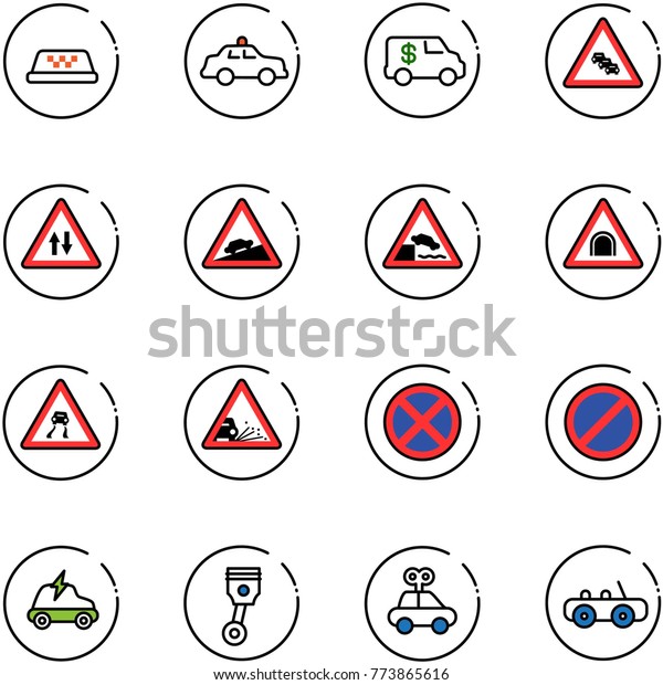line
vector icon set - taxi vector, safety car, encashment, multi lane
traffic road sign, oncoming, climb, embankment, tunnel, slippery,
gravel, no stop, parking, electric, piston,
toy