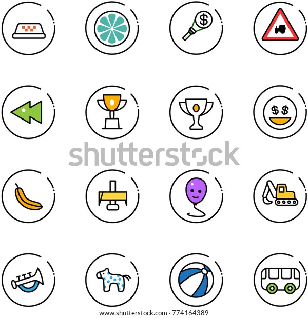 line vector icon set - taxi vector, lemon slice,
money torch, tractor way road sign, fast backward, win cup, gold,
smile, banana, milling cutter, balloon, excavator toy, horn, horse,
beach ball, bus