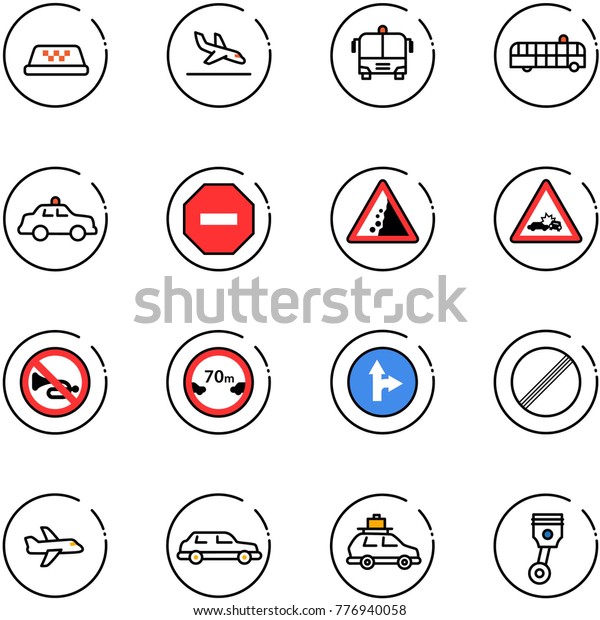 line vector icon set - taxi vector, arrival,\
airport bus, safety car, no way road sign, landslide, crash, horn,\
limited distance, only forward right, limit, plane, limousine,\
baggage, piston