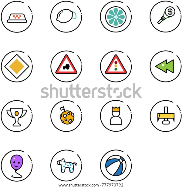 line
vector icon set - taxi vector, lemon, slice, money torch, main road
sign, tractor way, traffic light, fast backward, gold cup, moon
flag, king, milling cutter, balloon smile, toy
horse