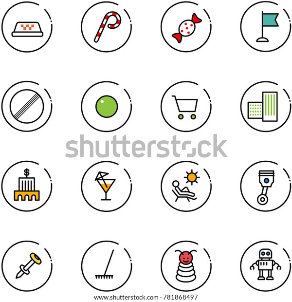 line vector icon set -\
taxi vector, lollipop, candy, flag, no limit road sign, record,\
cart, building, bank, drink, beach, piston, nail dowel, rake,\
pyramid toy, robot