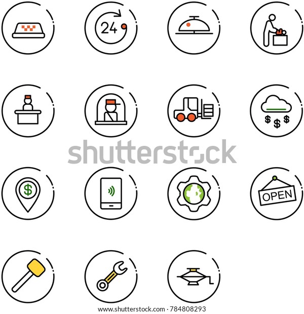 line vector icon set - taxi vector, 24 hours,\
client bell, baby room, recieptionist, officer window, fork loader,\
money rain, dollar pin, mobile payment, gear globe, open, rubber\
hammer, wrench