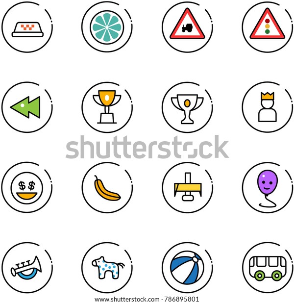 line vector icon set - taxi vector, lemon slice,\
tractor way road sign, traffic light, fast backward, win cup, gold,\
king, money smile, banana, milling cutter, balloon, horn toy,\
horse, beach ball