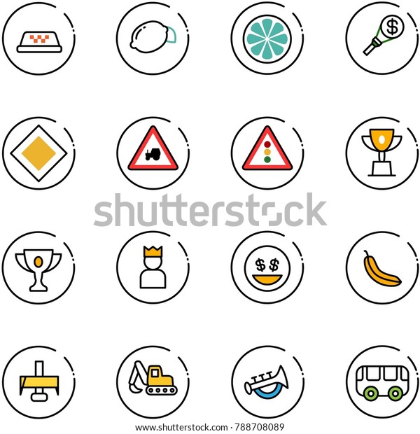 line\
vector icon set - taxi vector, lemon, slice, money torch, main road\
sign, tractor way, traffic light, win cup, gold, king, smile,\
banana, milling cutter, excavator toy, horn,\
bus